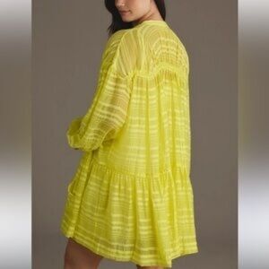 Anthropologie Mini Dress Size Large L Long-Sleeve Zip-Front Yellow Neon Sheer